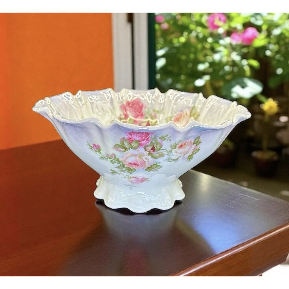 Antique Silesia Poland Hand Painted Compote Fruit Bowl Lusterware Roses 9"